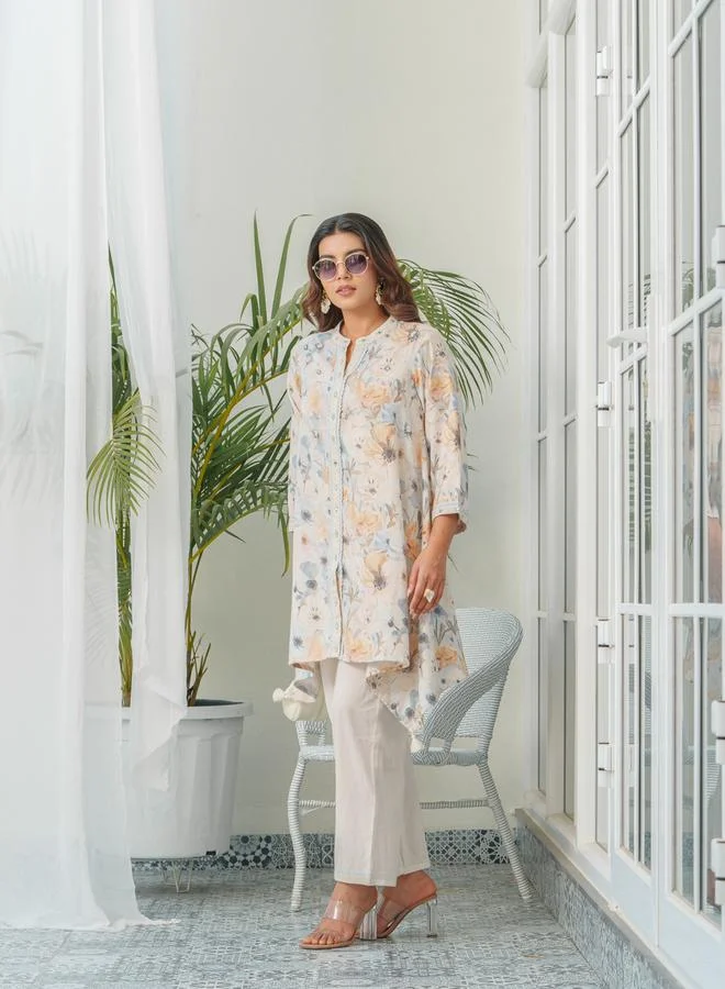 دي دبليو طقم منسق من تونيك وبنطال بياقة ماندارين وطبعة أزهار للنساء